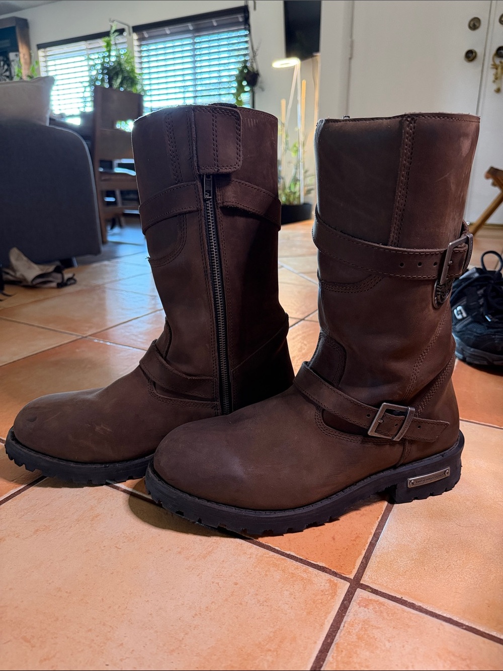 Men's Dark Brown Leather Harness Boots with Side Zipper